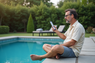 Homme d'âge moyen vérifiant le panneau de contrôle de la piscine