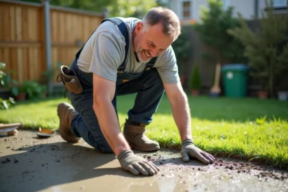 Ouvrier en overalls lissant du beton dans un jardin