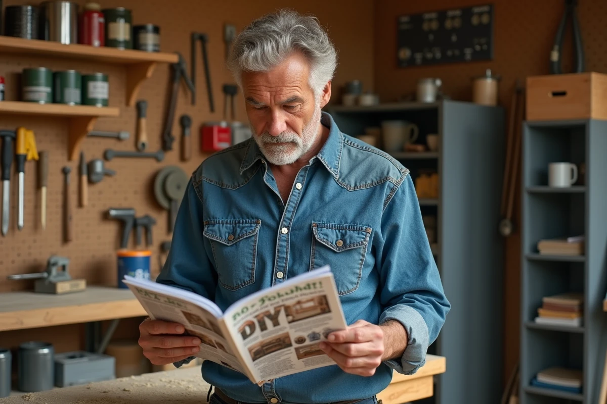 Homme bricoleur consultant le magazine Bricolife dans son atelier de travail maison