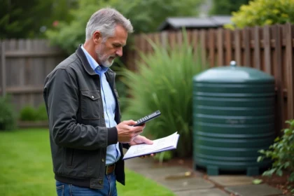 Homme d'âge moyen près d'un réservoir d'eau dans le jardin