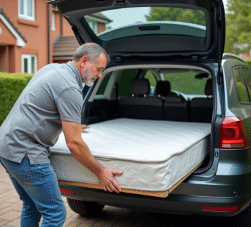 Homme en jeans chargeant un lit dans une voiture