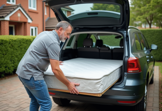 Homme en jeans chargeant un lit dans une voiture
