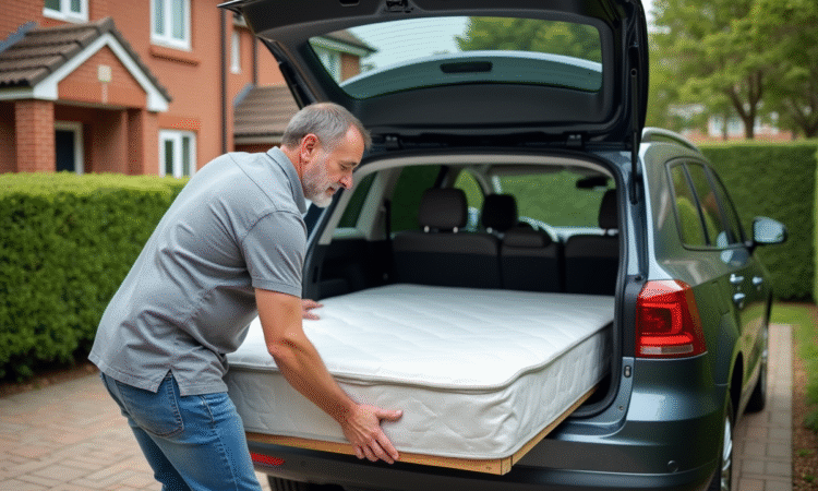 Homme en jeans chargeant un lit dans une voiture