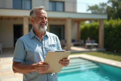 Homme d'âge moyen près de la piscine dans un jardin