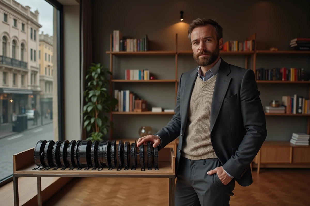 Homme arrangeant des bobines de film dans un salon contemporain