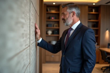 Homme en costume navy examine un panneau fibrecouture