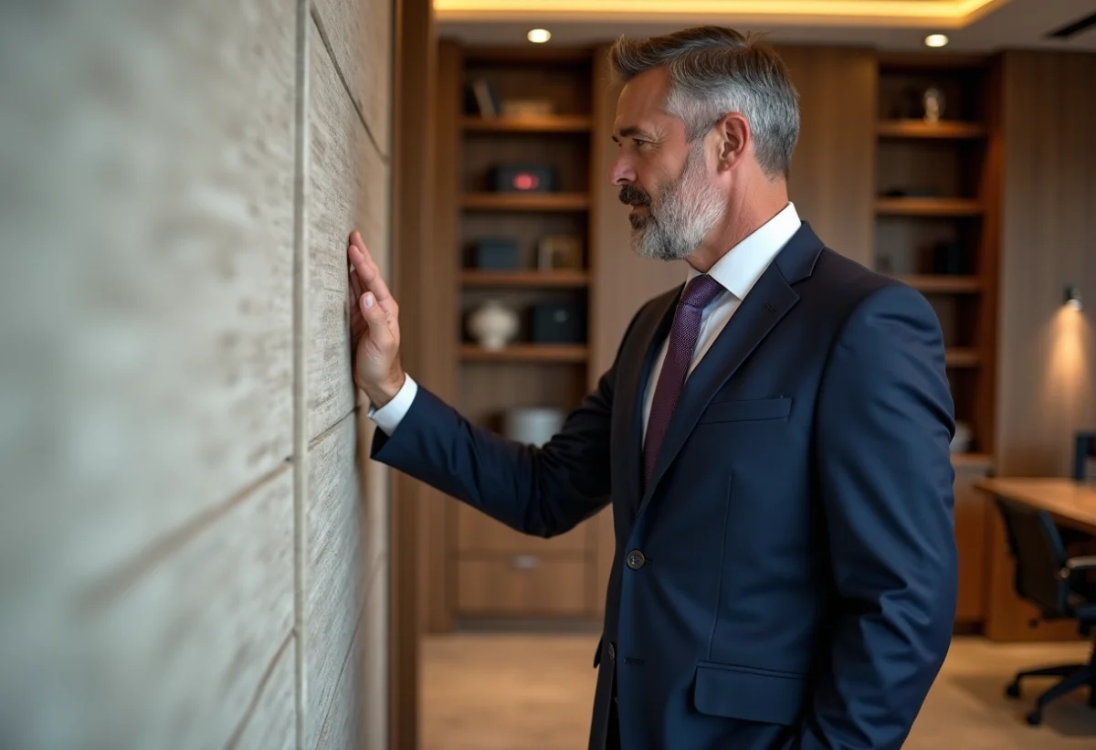 Homme en costume navy examine un panneau fibrecouture