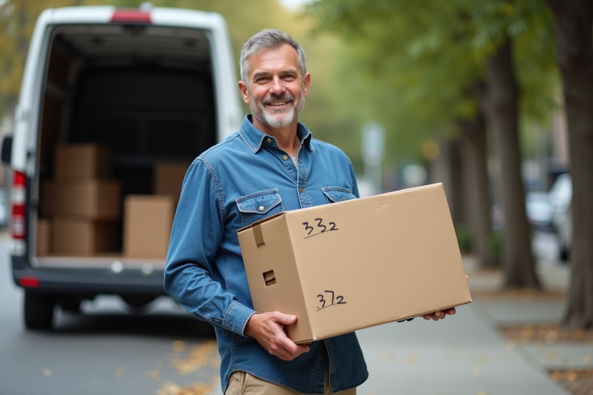 Homme souriant devant une camionnette avec des cartons empiles