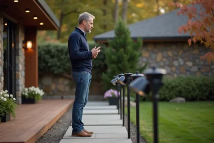 Homme d'âge moyen examine des luminaires extérieurs dans un jardin