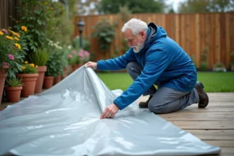 Homme en veste bleue vérifiant une bâche plastique dans le jardin