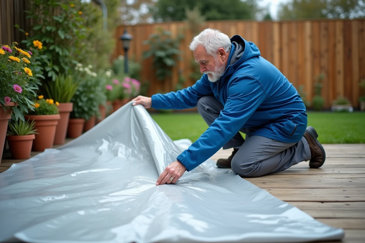Homme en veste bleue vérifiant une bâche plastique dans le jardin