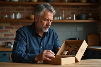 Homme examinant un coffret cadeau whisky ouvert sur une table en bois rustique, expression attentive lors de l'achat