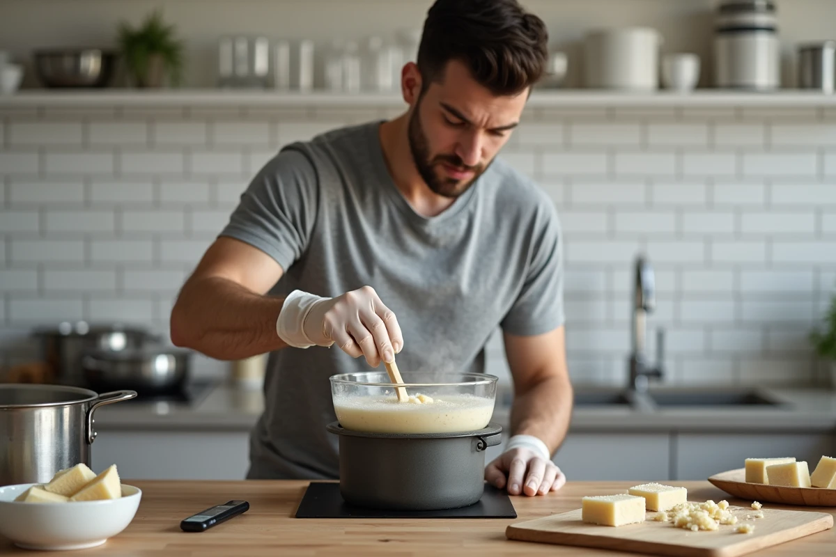 Homme faisant fondre des morceaux de savon artisanal au bain-marie avec une spatule en caoutchouc, méthode douce sans brûler le savon
