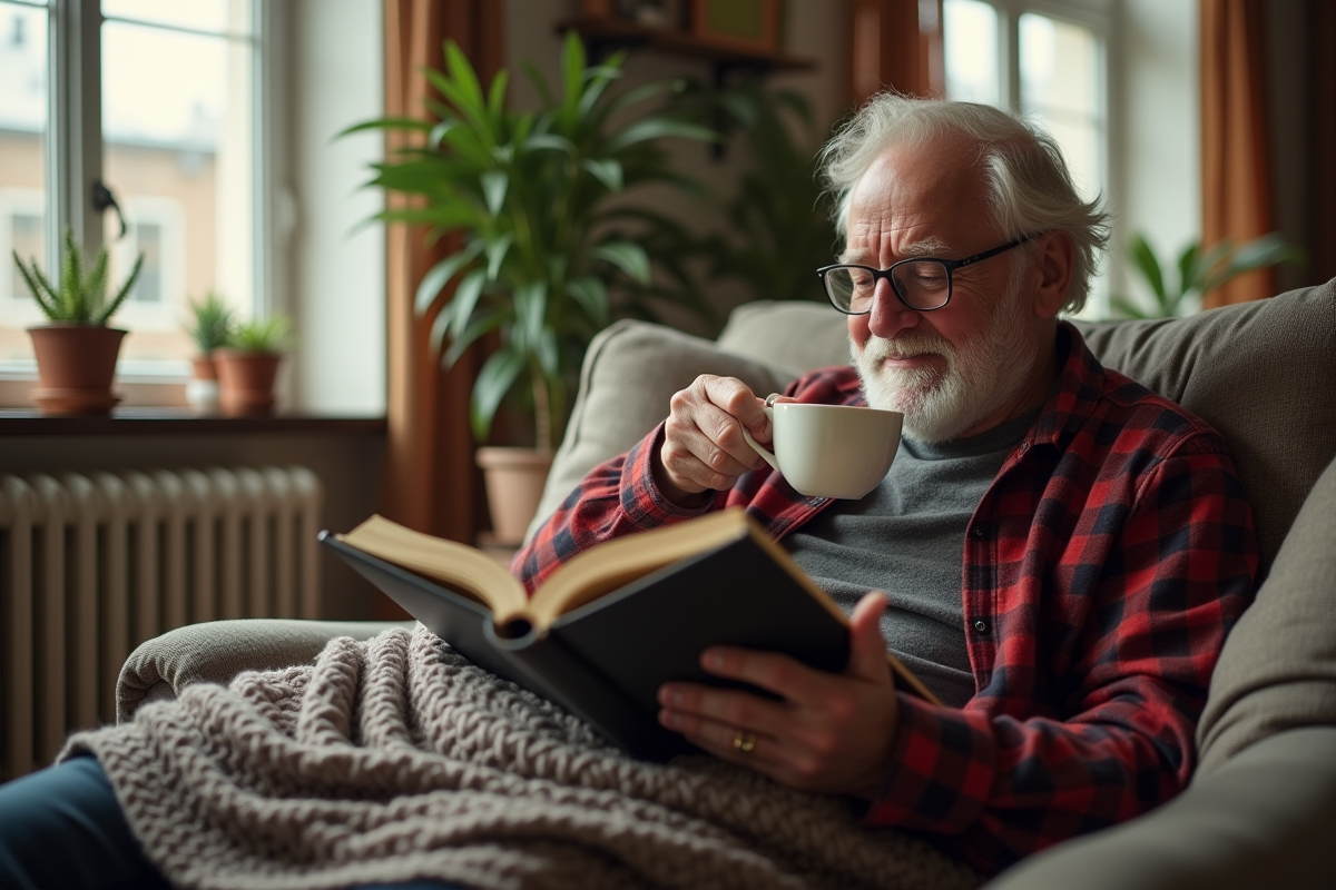 Homme âgé lisant et buvant du thé dans un salon lumineux
