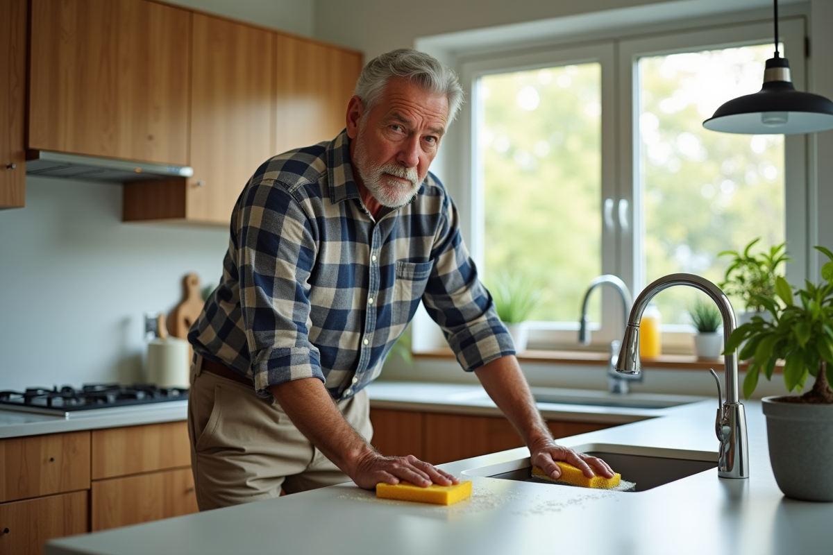 Homme nettoyant la cuisine avec une éponge écologique