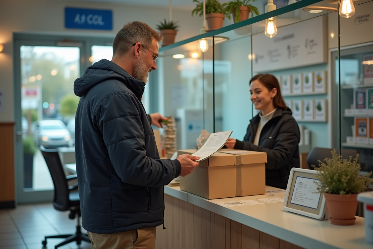 Homme déposant un formulaire à la poste avec une boîte de déménagement