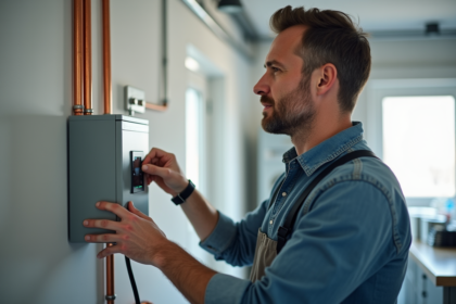 Homme en tenue casual ajustant un systeme de recuperation de chaleur