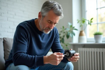 Homme d'âge moyen examine un moteur de volet roulant