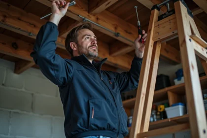 Homme répare un boulon dans un garage intérieur