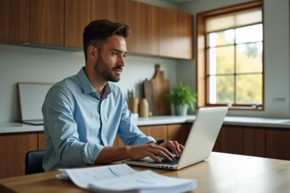 Homme en jeans travaillant sur un ordinateur dans une cuisine moderne