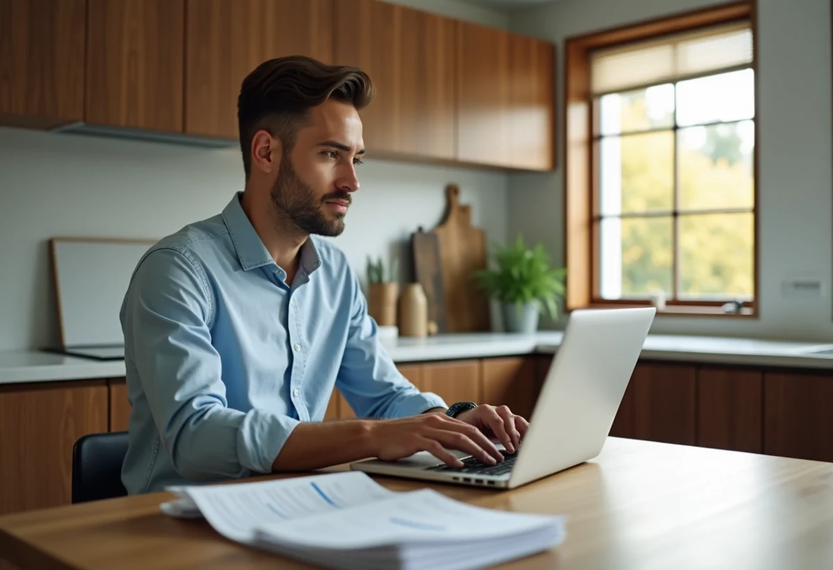 Homme en jeans travaillant sur un ordinateur dans une cuisine moderne