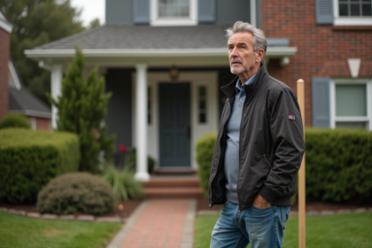 Homme d'âge moyen devant une maison à vendre en banlieue