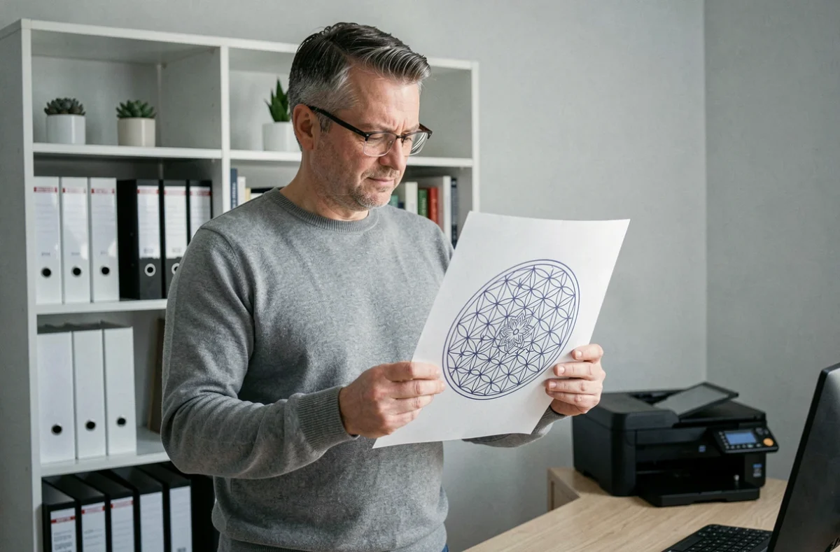 Homme tenant une feuille imprimée de mandala fleur de vie dans un bureau minimaliste moderne