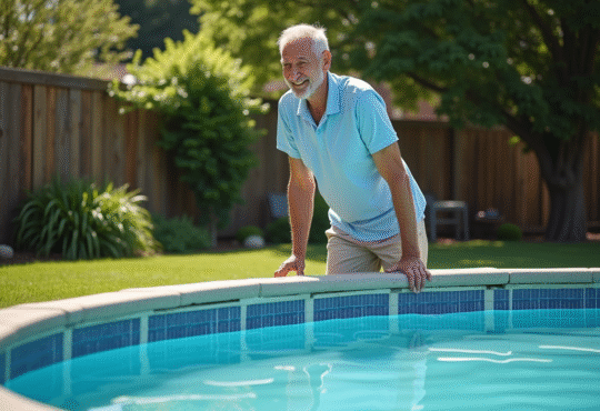 Homme d'âge moyen vérifiant le niveau d'eau de la piscine