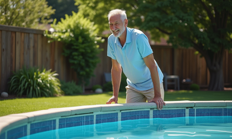 Homme d'âge moyen vérifiant le niveau d'eau de la piscine