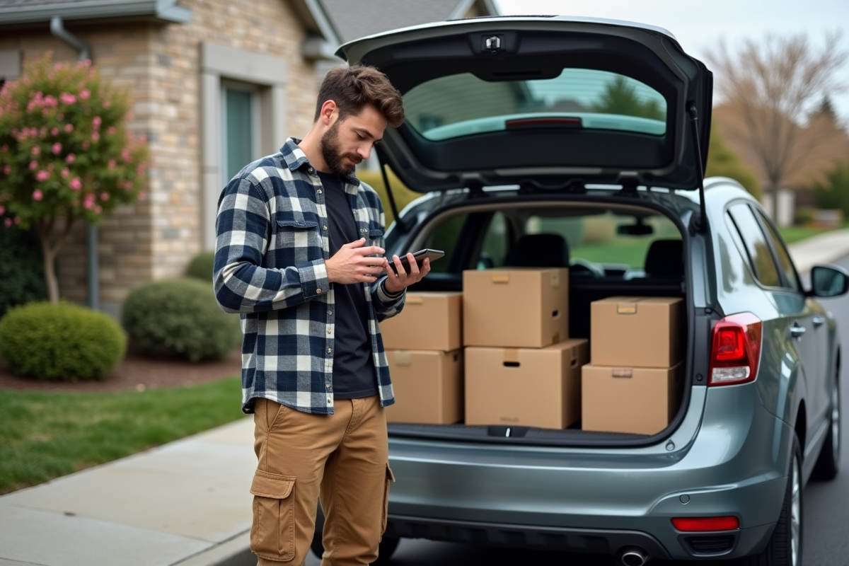 Homme vérifiant des cartons près de sa voiture en déménagement