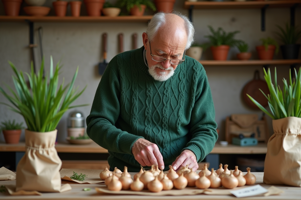 Homme âgé inspectant des bulbes de lys dans un atelier