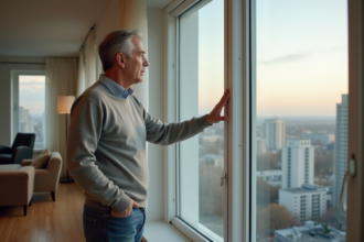 Homme d'âge moyen regardant par une grande fenêtre dans un salon moderne