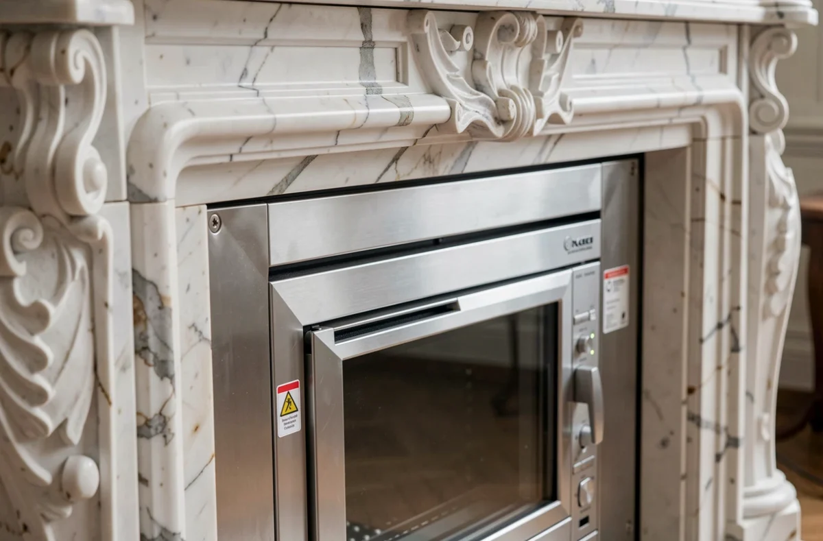 Gros plan d'un insert à granulé certifié installé dans une cheminée en marbre dans un appartement haussmannien parisien