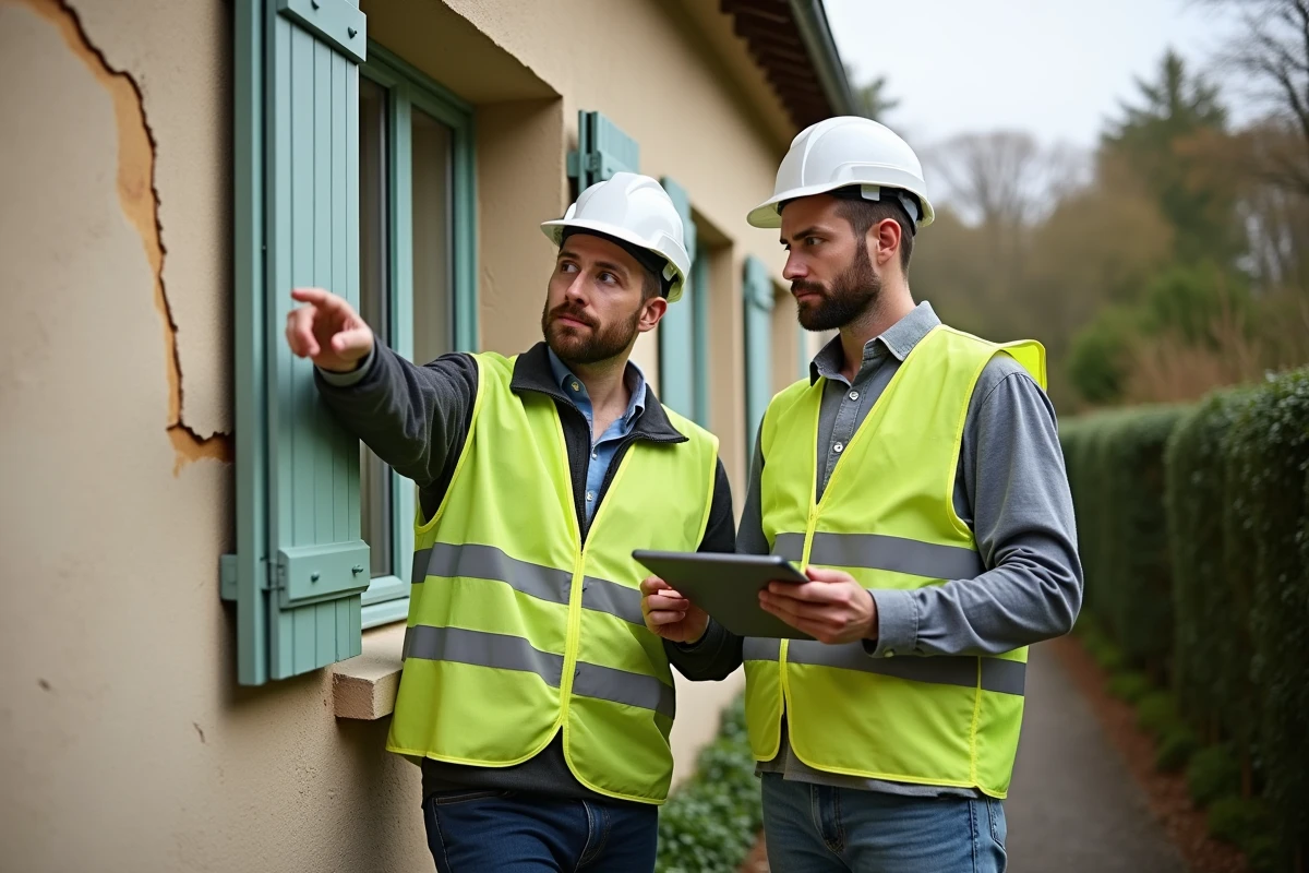 Deux artisans inspectent la façade fissurée d'une maison individuelle avant travaux de rénovation extérieure