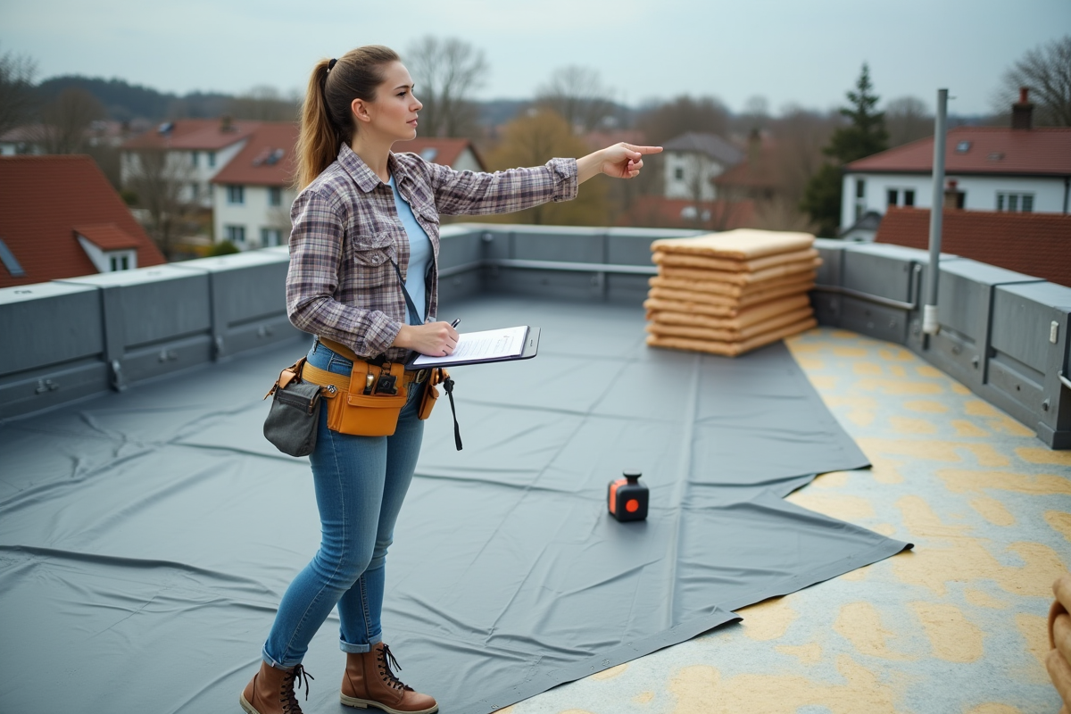 Jeune femme inspectant la toiture lors d