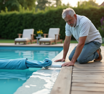 Homme d'âge moyen installe une couverture de piscine extérieure