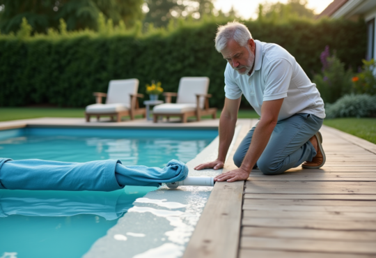 Homme d'âge moyen installe une couverture de piscine extérieure