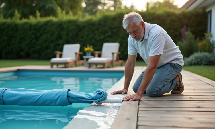 Homme d'âge moyen installe une couverture de piscine extérieure