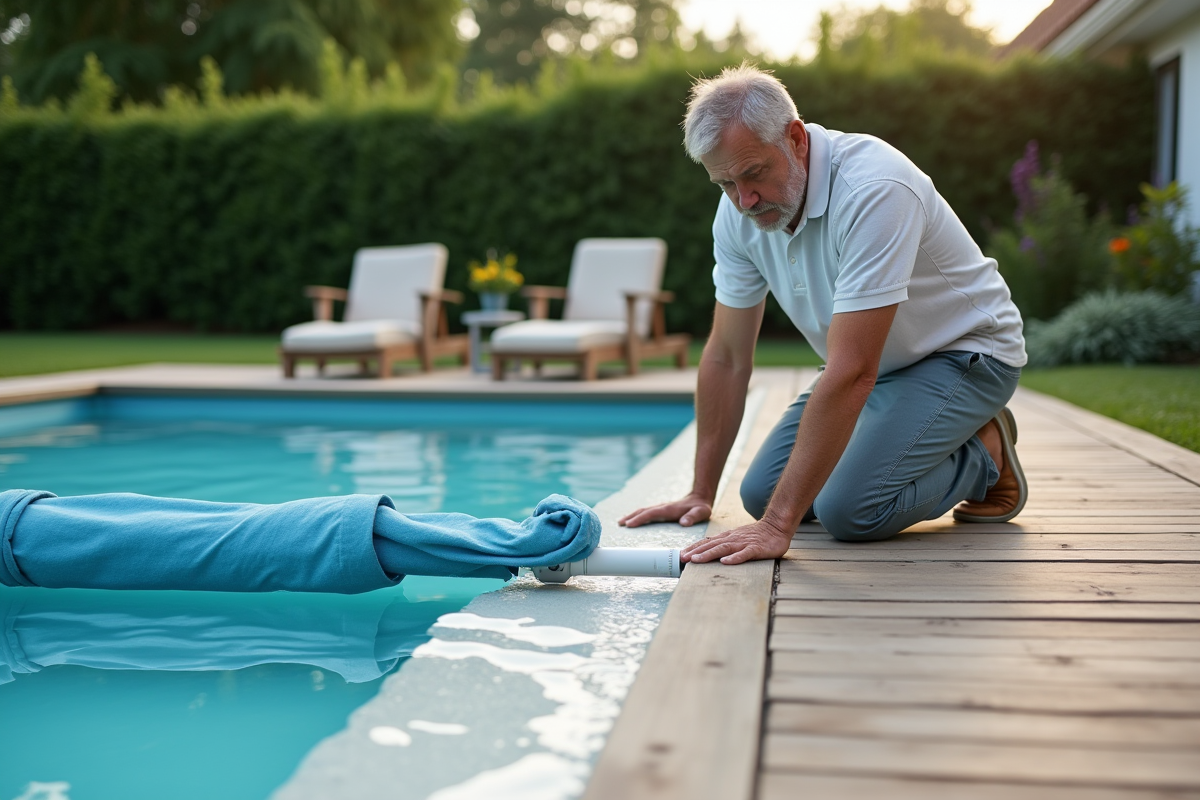 Homme d'âge moyen installe une couverture de piscine extérieure