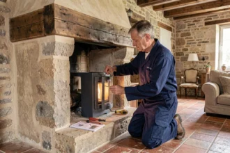 Technicien installant un insert à granulé dans une ancienne cheminée en pierre dans un salon de maison de campagne française