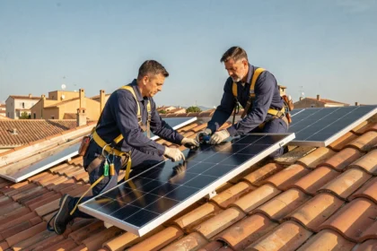 Deux installateurs de panneaux solaires sur un toit en tuiles à Montpellier