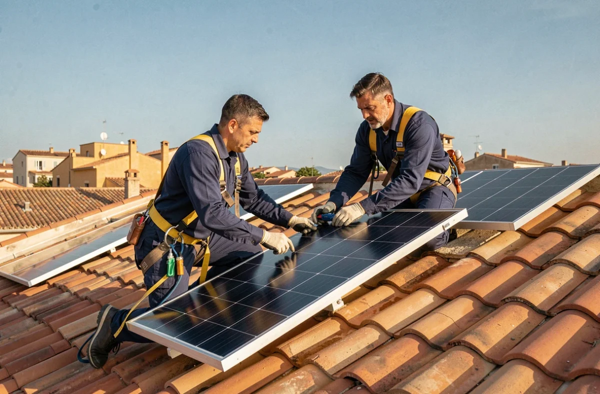Deux installateurs de panneaux solaires sur un toit en tuiles à Montpellier