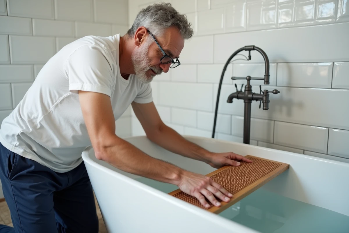 Homme senior installant un tapis antidérapant en caoutchouc à ventouses dans une baignoire ancienne, vérifiant l'adhérence du tapis