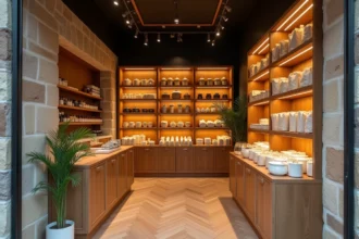 Intérieur de la boutique Maison Aimable à Paris avec étagères en bois et produits artisanaux exposés