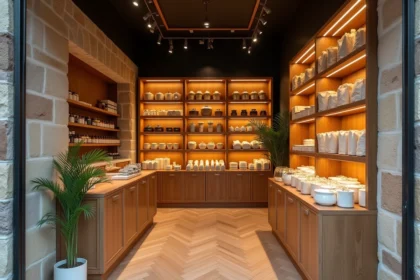 Intérieur de la boutique Maison Aimable à Paris avec étagères en bois et produits artisanaux exposés
