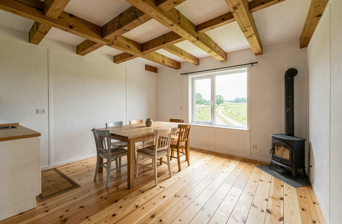 Intérieur simple et chaleureux d'une maison bois économique en milieu rural avec poutres apparentes et poêle à bois