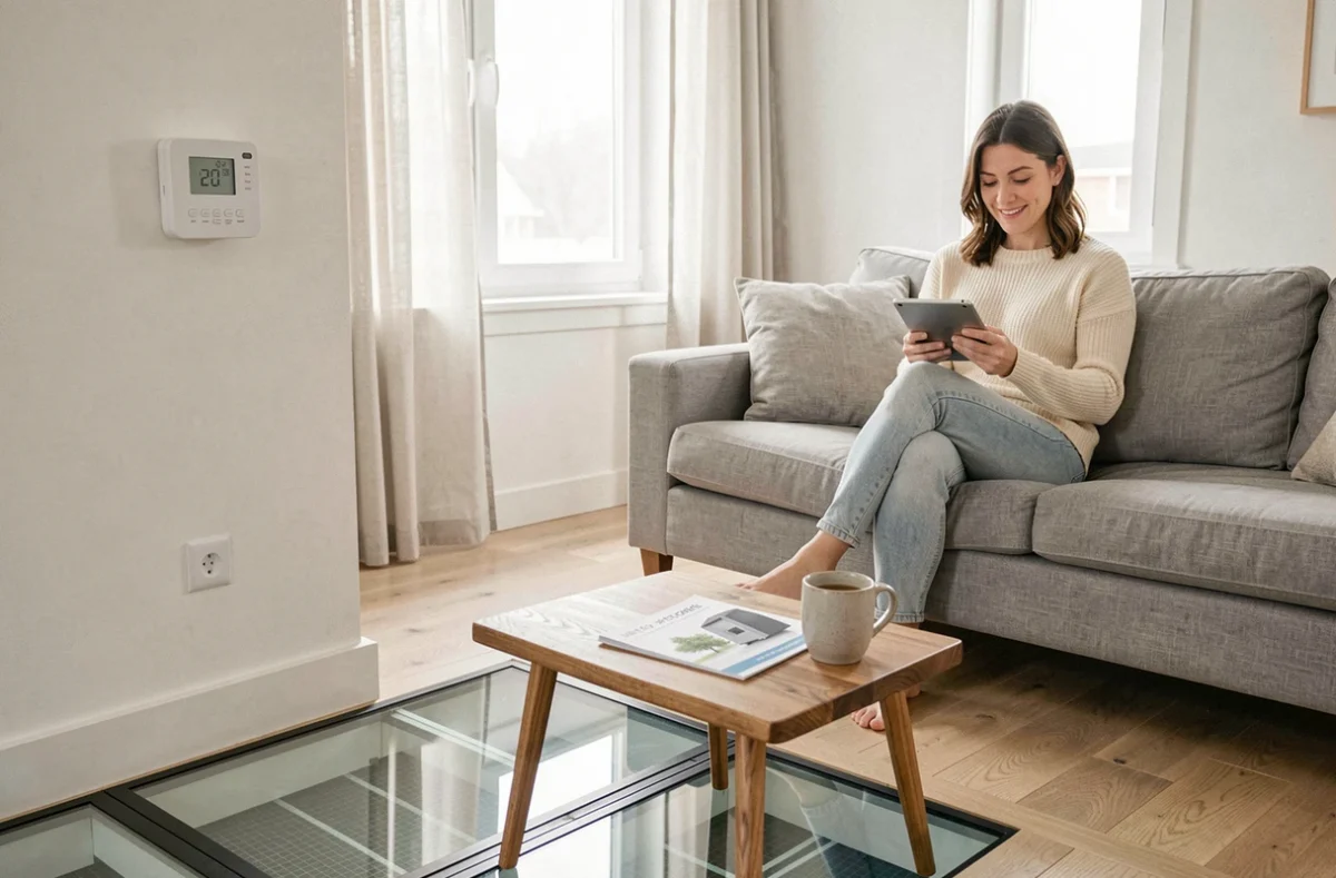 Intérieur chaleureux d'une maison équipée d'une pompe à chaleur air-eau avec thermostat connecté et plancher chauffant