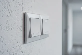 Interrupteur va-et-vient Legrand Céliane double blanc installé sur un mur de couloir rénové