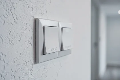 Interrupteur va-et-vient Legrand Céliane double blanc installé sur un mur de couloir rénové