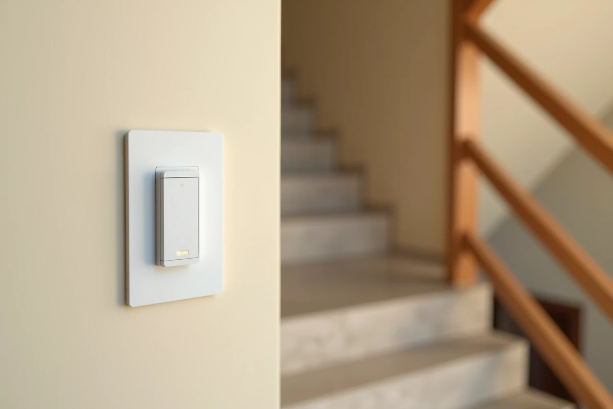 Interrupteur va-et-vient Yokis installé dans un couloir résidentiel moderne avec escalier en bois et sol carrelé